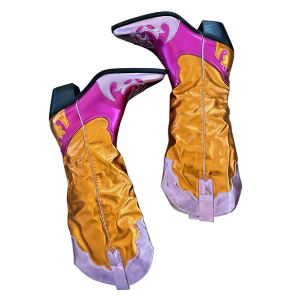 Azalea Wang Hendrix Western Cowboy Boot Knee High Pink/Orange Metallic Sz 9 - Picture 7 of 12